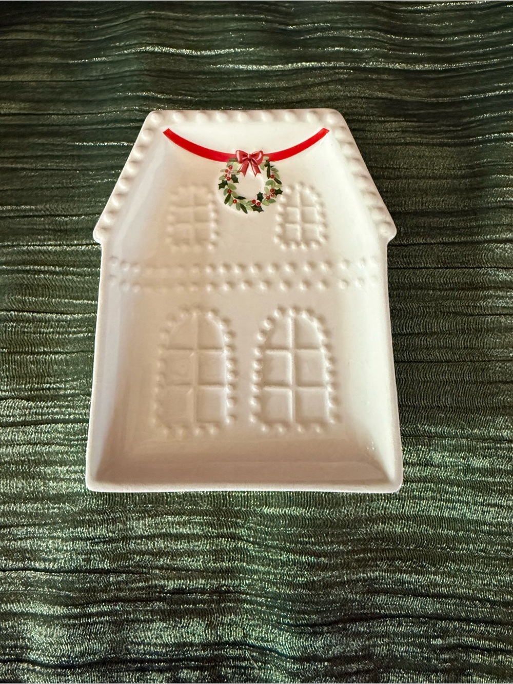 Holiday House Ceramic Dish in White with Red Accent